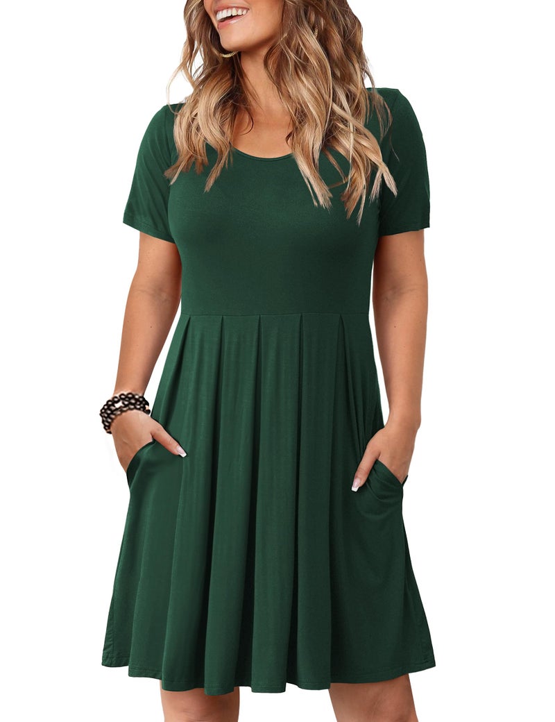 Tralilbee Women's Short Sleeve Pleated Loose Swing Casual Dress with Pockets Knee Length Dark Green 2XL - Image 1